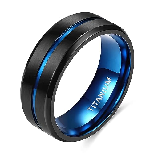 Tigrade Titanium Ring 6Mm 8Mm Blue Centre Groove Wedding Band Comfort Fit Matte For Men Women thumb #1