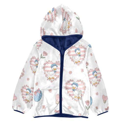 Cute Duck Hearts Flowers Pattern Toddler Fleece Jacket Girl Boys Hooded Fleece Jacket Coat Warm Outwear Zip-up 3-10T
