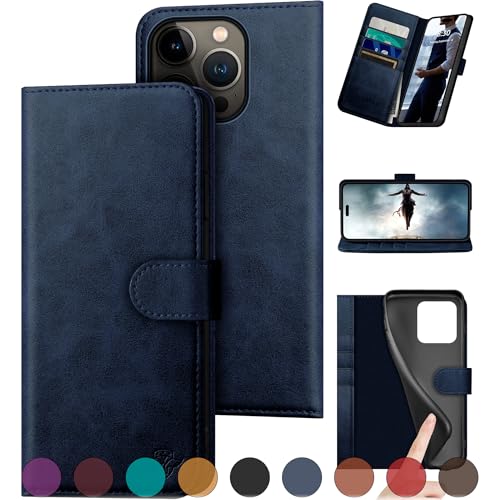 DuckSky Compatible with iPhone 16 Pro 6.3" Genuine Leather Wallet case【RFID Blocking】【4 Credit Card Holder】【Real Leather】 Flip Folio Book Phone case Cover Women Men for Apple 16 Pro case Dark Blue