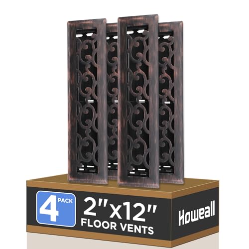 Howeall 2x12 Inches 4 Pack Heavy Duty Walkable Floor Register - Easy Adjust Air Supply Lever Decorative Floor Vent Covers, Savannah Design Vent Covers for Home - Oil Rubbed Bronze