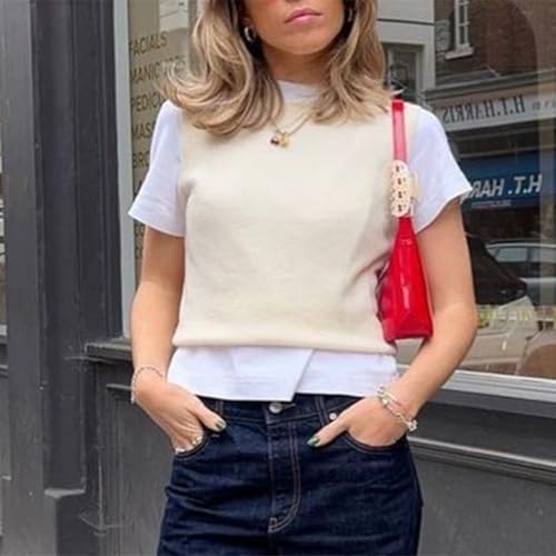Image of Miqil Women Comfy Sweater Vest Casual Sleeveless Ribbed Knit Vest Trendy Crew Neck Knitted Pullover Tank Top Streetwear