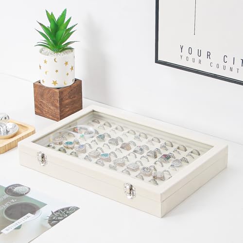 Coward Ring Organizer Jewelry Box, Beige Velvet 100 Slots Ring Display Tray Case with Transparent Glass Lid for Home Use or Store Selling Show by Coward - Used condition - Image 2
