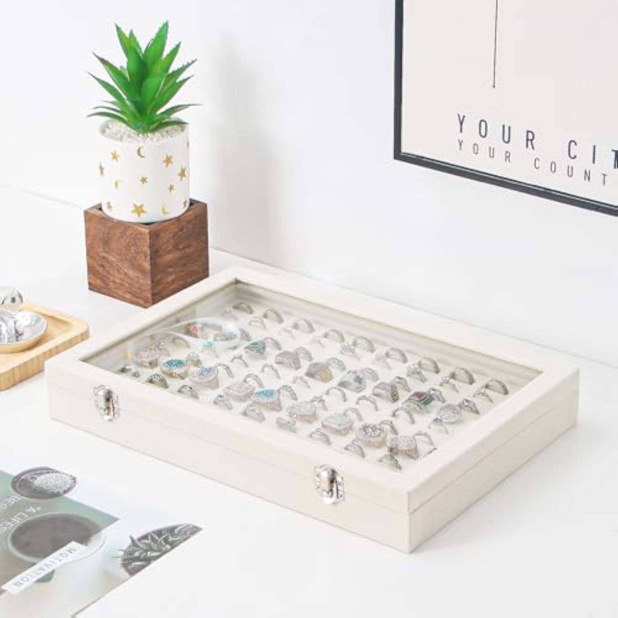 Beige Velvet Ring Organizer Box with 100 Slots