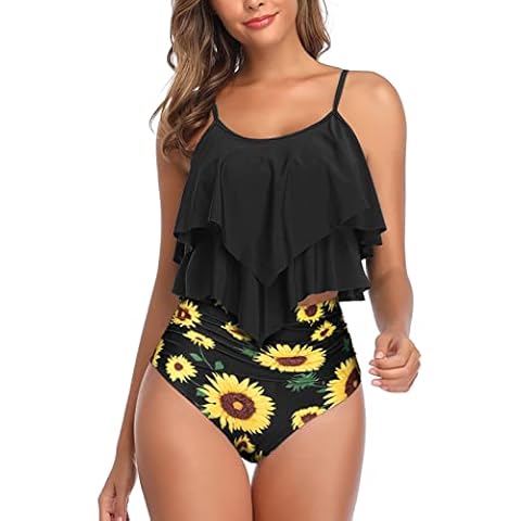 Vancavoo Swimsuit for Women Ruffled Top with Adjustable Straps High Waisted Bottom Swimwear Bikini Sets Two Piece Bathing Suits with Chest Pad Push up Swimsuit for Beach Pool(D,XL) Cover