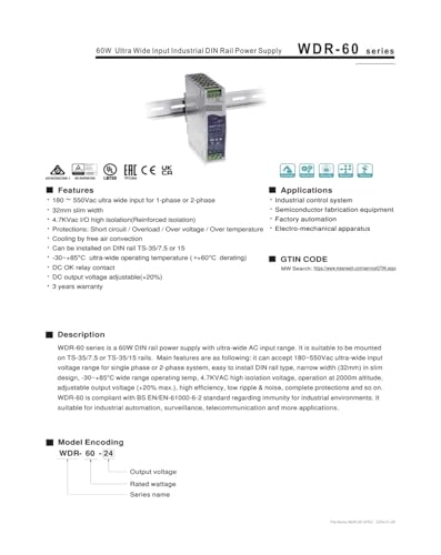 Alimentation sur rail industrielle 60W WDR-60-48 tension stable