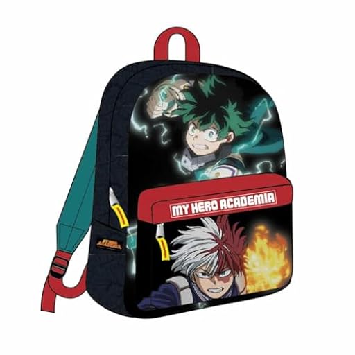 Mochila Casual de My Hero Academia - Color Negro, Rojo y Verde - 30x41x14 cm - Fabricada en Poliéster - Diseño Estampado de Personajes en Acción - Producto Original Diseñado en España | Ya disponible en tu tienda friki favorita! En mundofriki.es!
