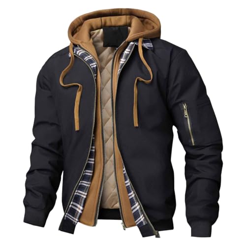Bomber Jacket Men Faux Two Piece Hooded Coat Full Zip Padded Winter Jackets