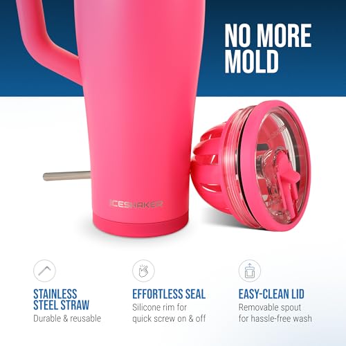 Image of Ice Shaker 40 oz Tumbler with Handle and Straw | 40oz Neon Pink | Cold for 30+ Hours | 2-in-1 Tumbler Shaker Bottle | Odor-Free 40 ounce Bottle for Water, Protein Shakes, Smoothies, Cocktails