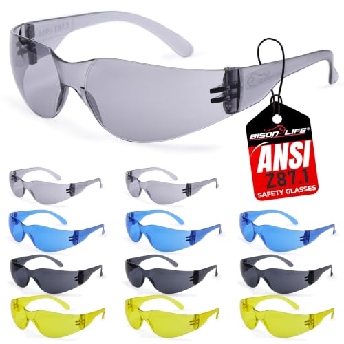 Image of BISON LIFE Assorted Safety Glasses for Men & Women, ANSI Z87.1, 12 Pack | Scratch & Impact Resistant Wraparound Safety Goggles, UV Protection Eyewear for Work, Construction, Lab, Industrial