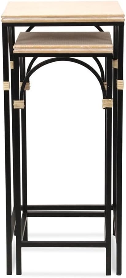 Pemberly Row Set of 2 Square Side Tables, Handcrafted Wood and Metal Frame with Rattan Accents, Black Finish, Alternating Line Pattern, Nesting Design for Living Room, Entryway, Bedroom Decor