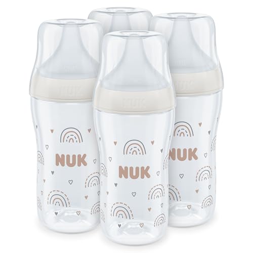 NUK Perfect Match Baby Bottles Set | 3+ Months | Adapts to Baby's Palate | Temperature Control | Anti Colic Vent | 260 ml | BPA-Free | Medium Silicone Teat | Rainbow | 4 Count