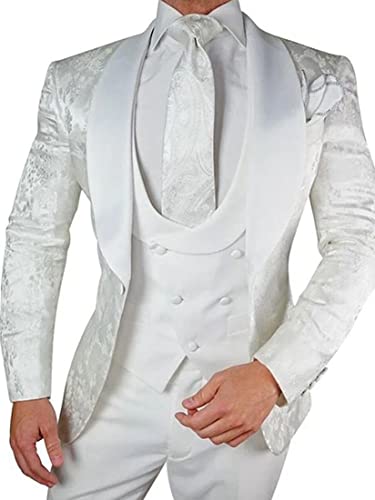 HZUOU Men's White Premium Floral Tuxedo 3 Piece Paisley Wedding Groom One Button Suits Shawl Lapel Prom Suit HZH093