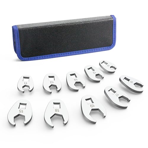3/8' Drive Flare Nut Crowfoot Wrench Set, 10 Piece Cr-V Steel + Ni-Cr Plating 5 Point Grip Flare Nut Crow Foot Tool Set, Metric 10-19mm Crows Feet Wrench Set with Storage Pouch for Home Car Repair
