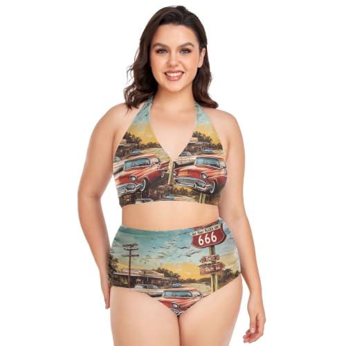 Maillot de bain 2 pièces vintage fermeture éclair réglable motif voiture rétro femme