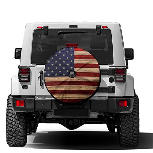 Image of American Flag Reclaimed Wood Spare Tire Cover with Backup Camera Hole Wheel Tire Cover Fit Trailer, RV, SUV and Many Vehicle 17inch