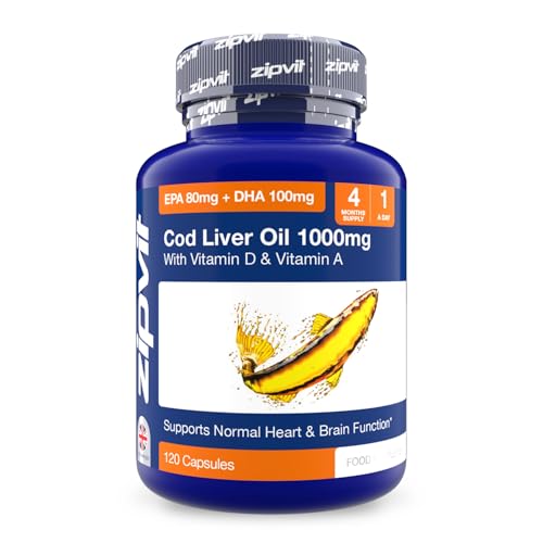 Cod Liver Oil 1000mg, 120 Softgels. EPA 80mg DHA 90mg. 4 Months Supply. Supports Heart, Brain and Eye Health