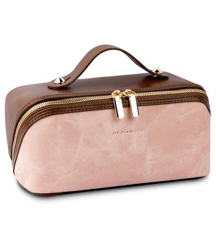 ROCKCOON Travel Makeup Bag, Large Capacity Cosmetic Bags, Waterproof Portable Make Up Toiletry Bag with Compartments for Women Girls, Pink