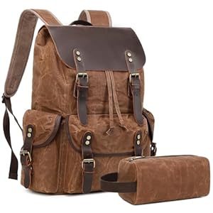 Genuine Leather Backpack for Men, Waxed Canvas Backpack Shoulder Rucksack with Toiletry Vintage Backpack for Travel,Camping, Hiking(Coffee)