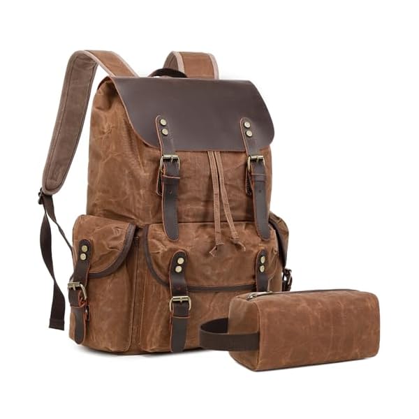 Genuine Leather Backpack for Men, Waxed Canvas Backpack Shoulder Rucksack with Toiletry Vintage Backpack for Travel,Camping, Hiking(Coffee)