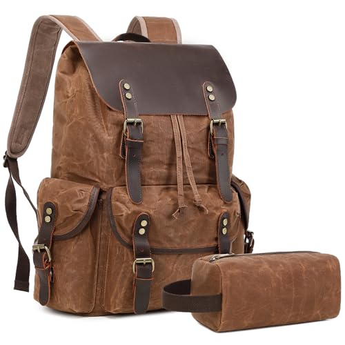 Genuine Leather Backpack for Men, Waxed Canvas Backpack Shoulder Rucksack with Toiletry Vintage Backpack for Travel,Camping, Hiking(Coffee)