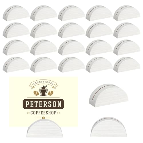 Image of 24Pcs White Wood Table Number Stands, Wood Place Card Holders | Include Traceless Adhesive Stickers, Semicircular Design Place Card Holders for Wedding, Ceremony, Birthday, Party, Events