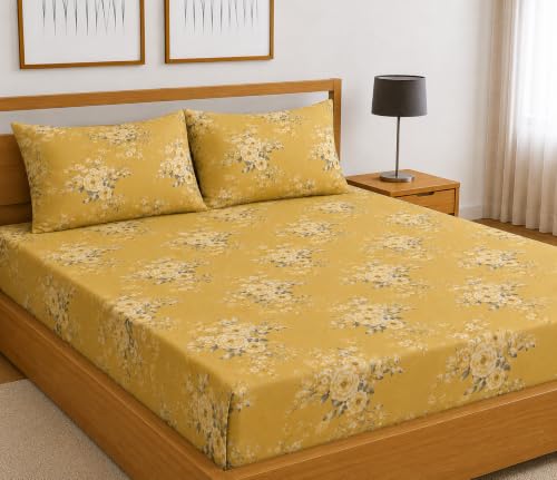 Image of Fitted Bedsheet Yellow Golden Floral Print Glace Cotton 210 TC | King Size for Double Bed Fits 6 x 6.5 ft Mattress (72 x 78 Inch) | All Around Elastic | 2 Pillow Covers | 10 Inch Deep Pocket