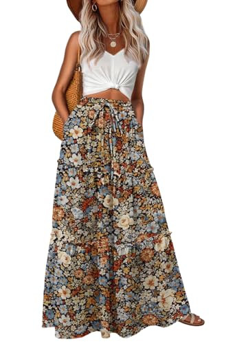 Image of Lepunuo Womens Casual Boho High Waisted Flowy Maxi Skirts Tiered Floral Long Skirts with Pockets for Summer Beach Vacation