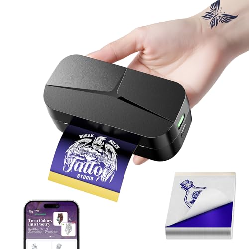 TATTMUSE Mini Termocopiadora Tattoo en Brazos, Impresora Termica Tattoo con 30pcs Papel de Tattoo Ideal para Crear Mini Plantillas Stencil, Kit de Tatuajes para Artistas, Compatible con iPhone y iPad