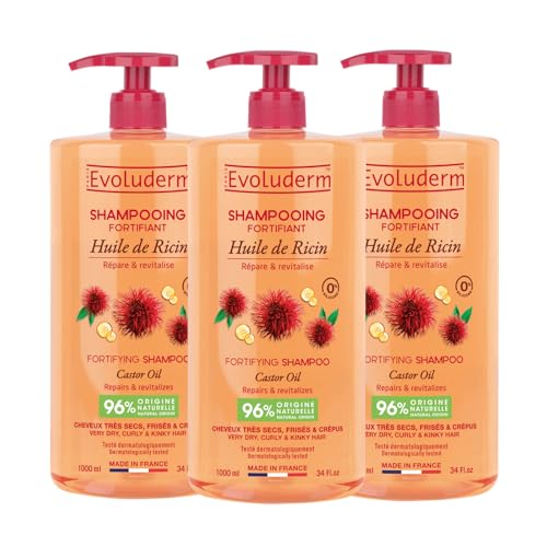 EVOLUDERM - Shampoing Fortifiant Huile de Ricin - 1000ml - 96% d'Ingrédients d'Origine Naturelle - Lot de 3 x 1000ml