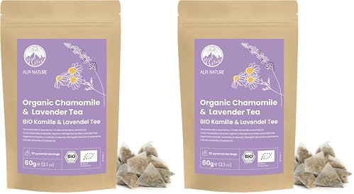 Alpi Nature Manzanilla-Lavanda Infusión Orgánica, 30 Bolsitas de Té Piramidales de 2g, Té de Manzanilla y Lavanda 60g (Paquete de 2)
