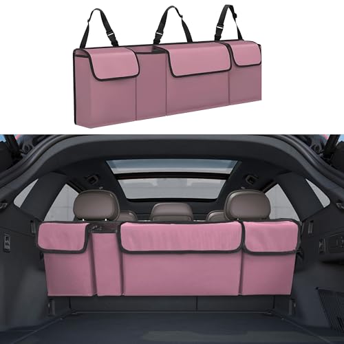 Tioollev Car Trunk Organizer, Backseat Hanging Large Storage with Adjustable Straps,Waterproof PVC Collapsible Cargo Bag, Car Interior Accessories for Auto SUV MPV (Pink)
