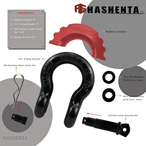Hashenta Shackles 3/4" D Ring Shackle (2 Pack) 41,887Ibs Break Strength With 7/8" Anti-Loose Security Pin,Shackle Isolator & Washers Kit For Tow Strap Winch Off Road Vehicle Recovery (Black) #TOP2