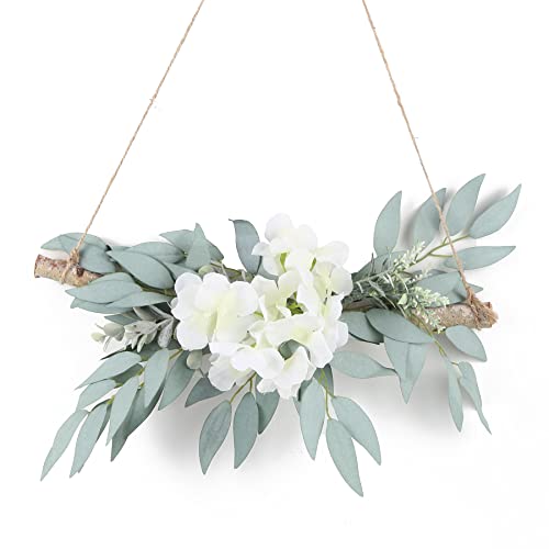 Artificial Hydrangea Swag,Wall Hanging Decor With White Hydrangea Flowers And Willow Leaves Decorative Log Branch Hanging Hoop For Bedroom Living Room Bathroom Wall Decor #TOP4
