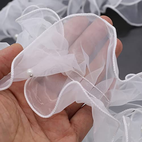 Bit.fly 3 Yard White Lace Ribbon Organza Fabric Ruffle Pleated Trim For Sewing Edge 4 Inch Width With Pearl Beads Applique Trimming Diy Crafts #TOP3
