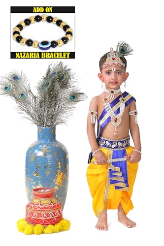 Image of Krishna Dress for Kids, Baby Krishna Dress for Janmashtami with Krishna Mukut, Peacock Feather & Flute Embroidered Krishna Costume for Girl & Boy, 3 Months-8 Years