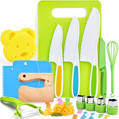 Hilsoeet 26PCS Kids Knives for Real Cooking, Wooden Kids Kitchen Knife Set Include 4 Serrated Edges Plastic Toddler Knives, Cutting Board, Y Peeler, Egg Beater, Toddler Food Picks and Cream Scraper Cover
