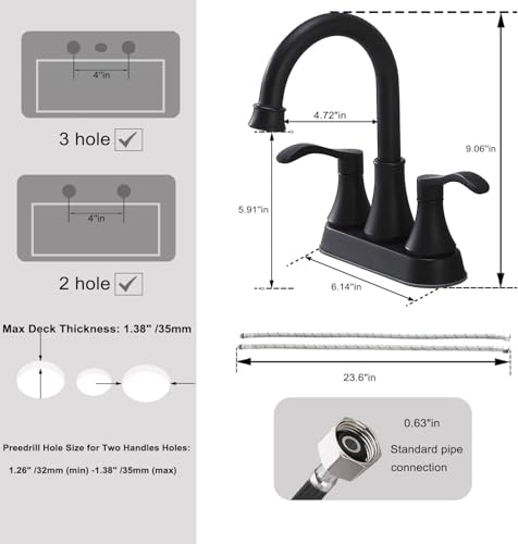 VALISY Lead-Free Antique 2 Handle Bathroom Sink Faucet, 360° Swivel High-Arc Spout 4-Inch Centerset Lavatory Vanity Faucets Set with Drain & Water Hoses, Matte Black by VALISY - Used condition - Image 4