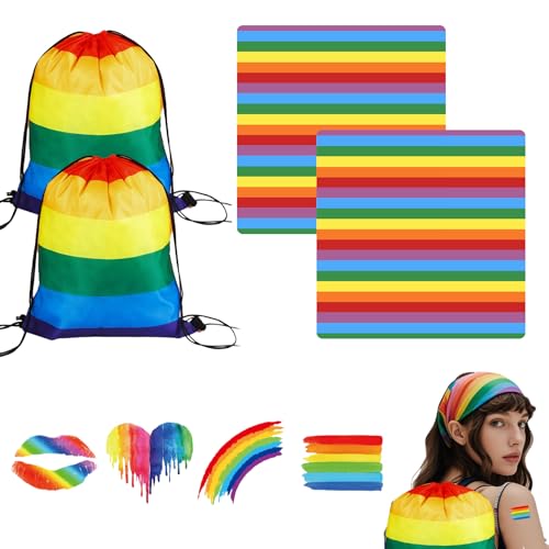 WUERKIYA Rainbow Pride Tasche mit Kordelzug, Regenbogenflagge Rucksack Turnbeutel Regenbogen Tasche mit Zugband – 2 Stück, 34 x 42 cm + 2 Regenbogen Tücher 54 x 54 cm + 4 Stolz Tag Aufkleber