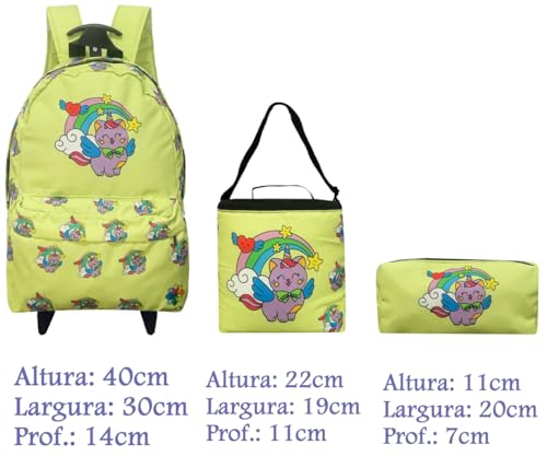 Kit Mochila Escolar Infantil Gatinha Unicórnio Arco-íris Rodinhas Impermeável Menina Lancheira Térmi