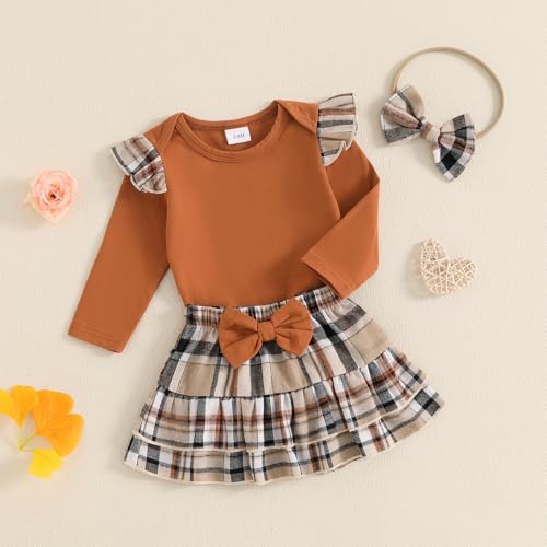 Kuriozud Cute Newborn Baby Girl Fall Winter Outfit Long Sleeve Ruffle Romper Plaid Bow Skirt Set Headband 3 Piece Clothes2