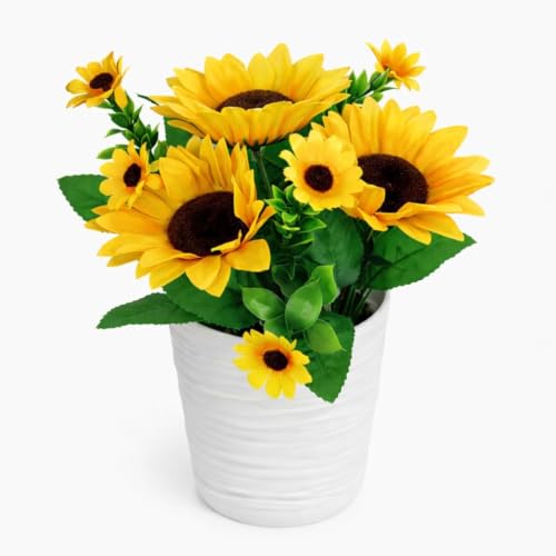 Image of CURATED CART Artificial Sunflowers, Yellow Silk Flowers for Home, Wedding, Party Decoration, Indoor Outdoor Floral Arrangement (Sunflower with Pot)