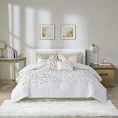 Intelligent Design Lillie Comforter Trendy Modern Animal Leopard Metallic Print All Season Bedding Set, Matching Shams, Decorative Pillow, Full/Queen, Ivory/Gold 5 Piece #TOP2