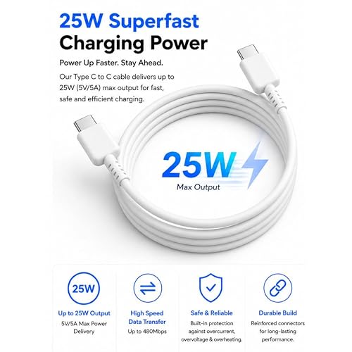 Image of 25W Type C To Type C White Cable | High Speed Data Transfer | Compatible with Samsung Galaxy | Original Superfast Charging
