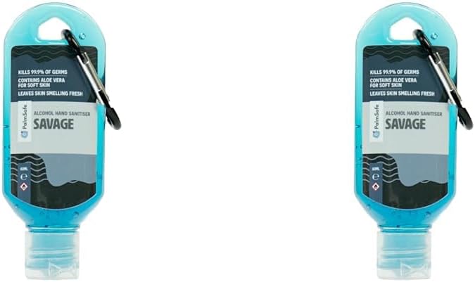 Palm Safe Savage 60ml Anti Bacterial Premium Hand Sanitiser Travel Size Refillable Clip Bottle Quick Drying Non Sticky Extra Moisturising Kills 99.9% of Viruses and Bacteria (Pack of 2)
