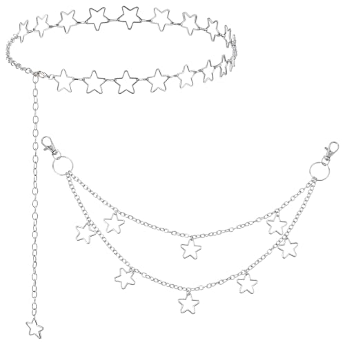 Xindojuz 2 PCS Star Belt, Silver Waist Chain Belt Adjustable Western Metal Jeans Pants Pocket Punk Hip Hop Wallet Chains for Women Men Body Belly Chain Goth Y2K Accessories