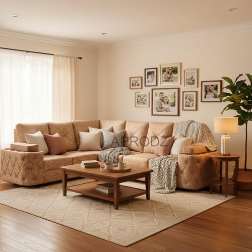Image of APRODZ Solid Wood L Shaped Sofa for Living Room Modern Corner Sectional 6 Seater Comfortable Couch with Durable Frame & Premium Upholstery 6 Seater for Home, Apartment & Lounge (Beige)