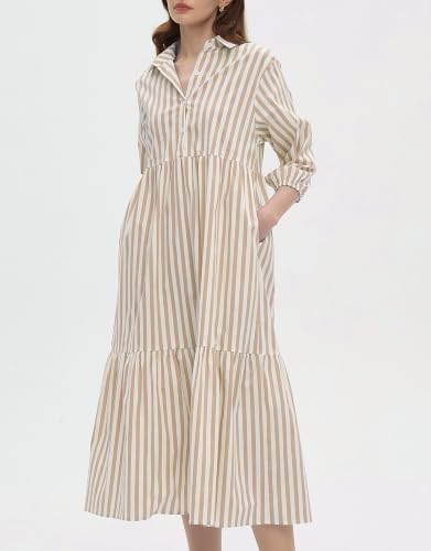 Image of EZAPINE Womens Babydoll Striped Shirt Midi Dress Puff Long Sleeve Collared Button Tunic Flowy Swing Dresses