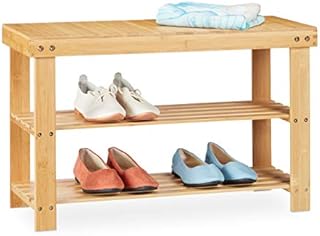 Relaxdays Bamboo Shoe Rack with Seat and 2 Shelves, Hallway, Bathroom Bench, 45 x 70 x 28 cm, Natural, 1 Piece