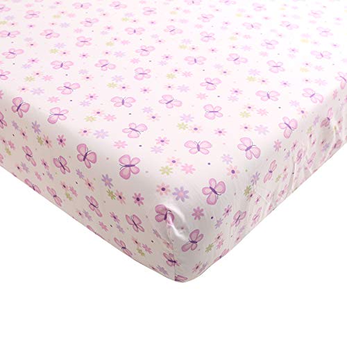 Baby Crib Bedding Sheets, Cotton Crib Sheet, Cute Cartoon Print Fitted Crib Sheet of All Kinds (Purple Pink Butterfly)