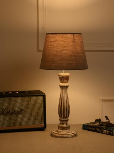 Image of Green Girgit Athens Wooden lamp with Taper Samre Grey Solid Shade, Vintage Style Table Lamp with Grey Fabric Shade, Distressed Wood Base, Farmhouse Design (LED Bulb Included)